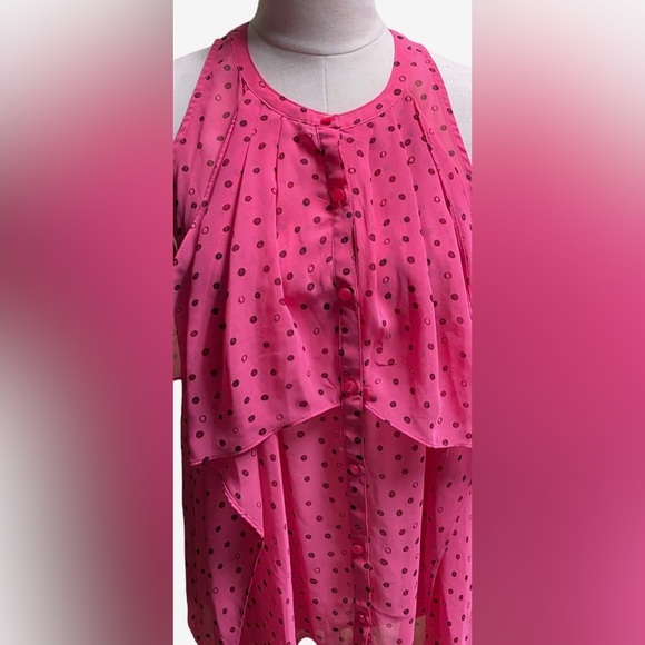 Vera Wang Princess Pink Pokla Dot Sleeveless Cascade Button Up Blouse Size Large - Picture 2 of 5